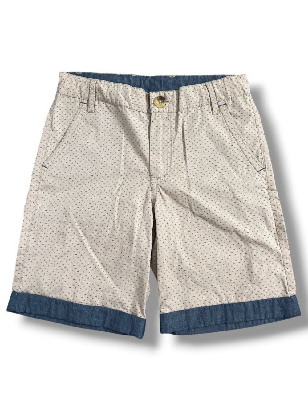 NWT Peek Kids Boys Drew Shorts Khaki with Chambray blue cuffs + dots Small 6-7Y